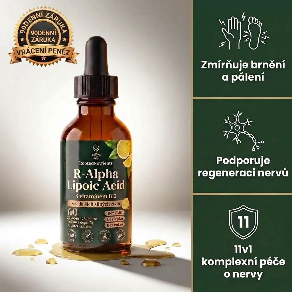 Glowrie 11 v 1 – kapky na podporu nervového systému — kyselina R-alfa-lipoová s vitamínem B12 GLOWRIE