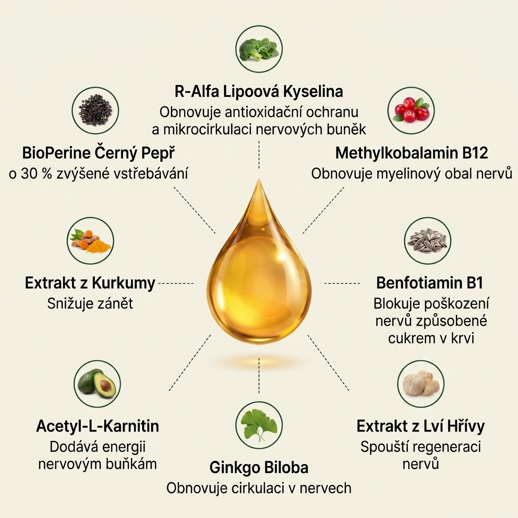 Glowrie 11 v 1 – kapky na podporu nervového systému — kyselina R-alfa-lipoová s vitamínem B12 GLOWRIE