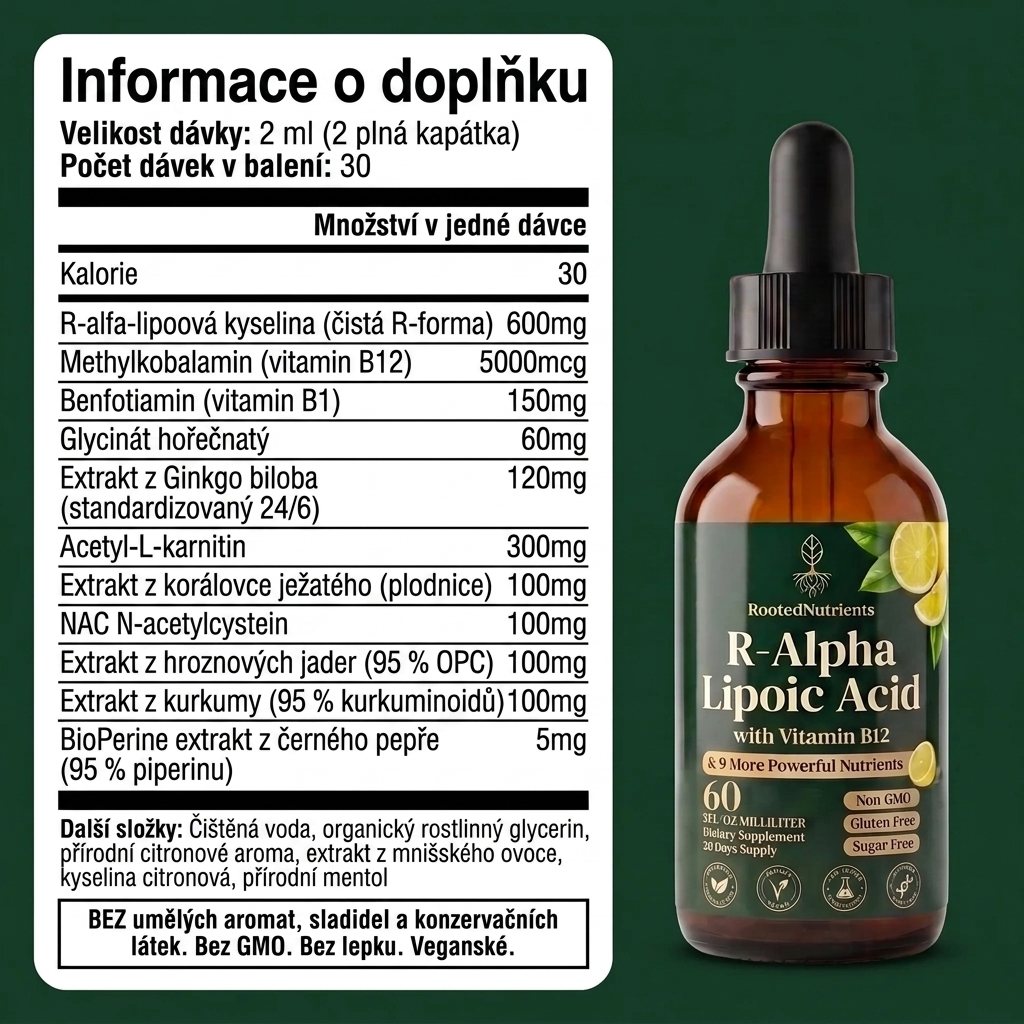 Glowrie 11 v 1 – kapky na podporu nervového systému — kyselina R-alfa-lipoová s vitamínem B12 GLOWRIE
